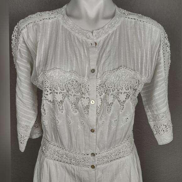 LoveShackFancy Beth Midi Dress White Crochet Lace Crewneck Button Up Size Small - Picture 11 of 16